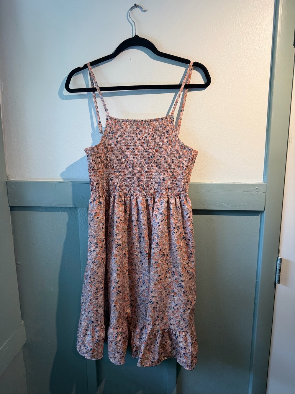 Smocked Pink Floral Midi Sundress with Ruffle Hem